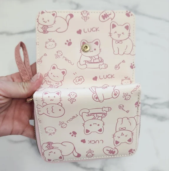 Pink & White Whimsical Cat Print Mini Wallet - Picture 13 of 15
